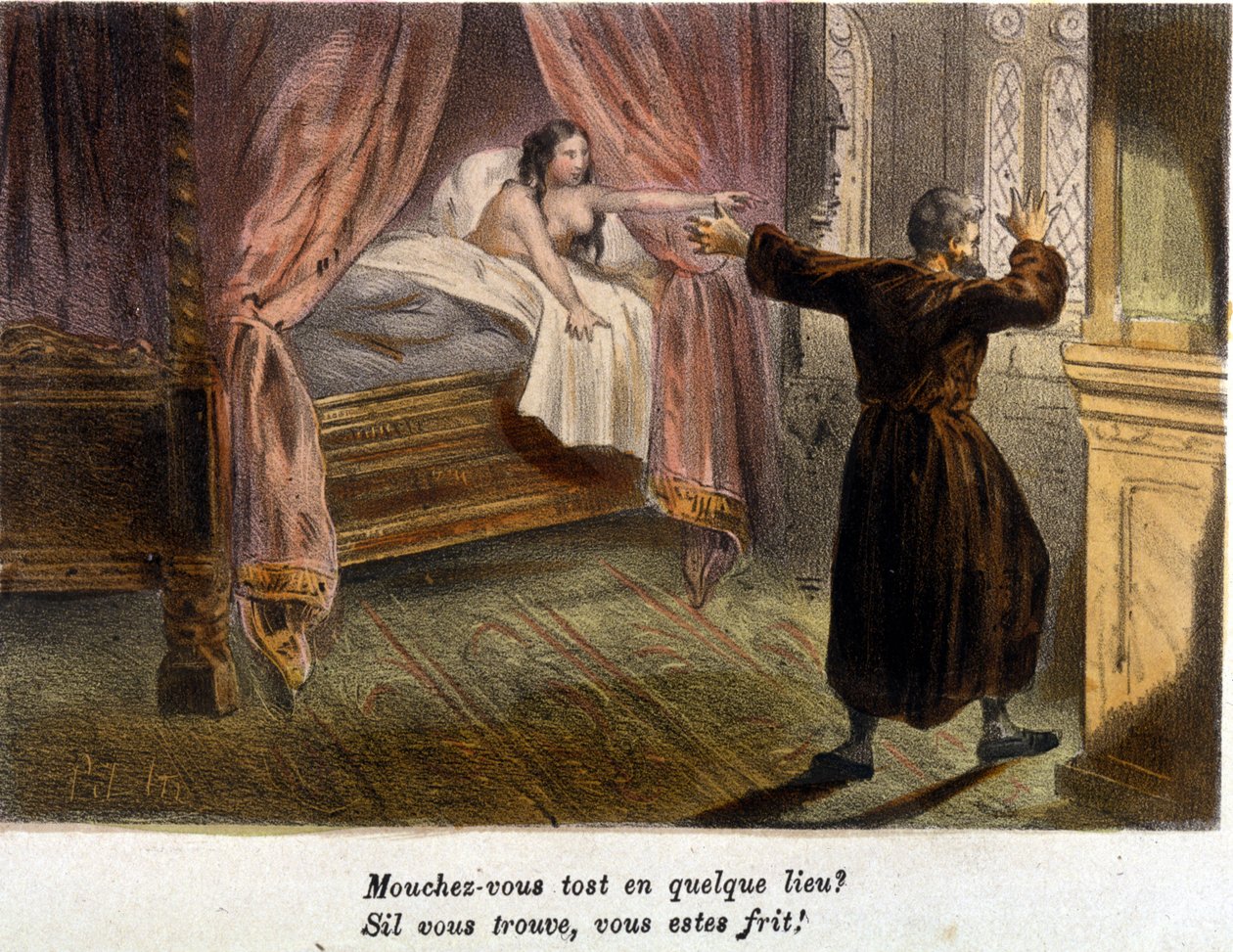 Utroskab: en overrasket munk, der forsøger at gemme sig, og en nøgen kvinde i sengen. Litografi sd. begyndelsen af det 19. århundrede. af Unknown artist