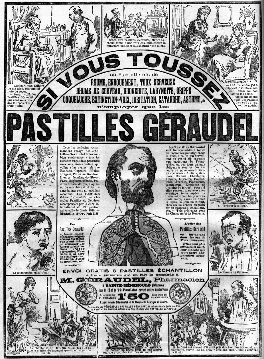 Reklame for Geraudel-tabletter af farmaceut Arthur Geraudel (1841-1906) en Sainte-Menehould (Sainte Menehould) mod hoste. Gravering i "" Le monde illustrious"" af Unknown artist