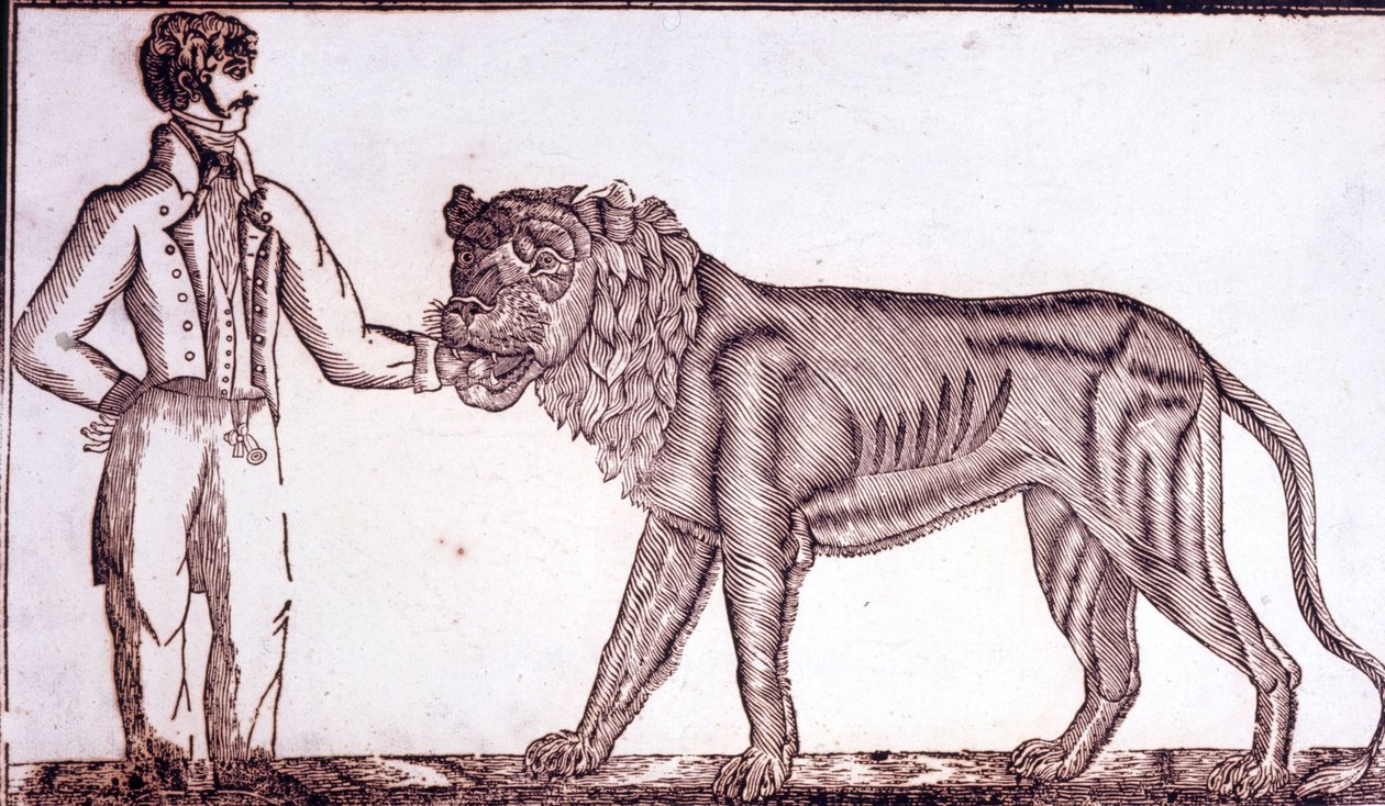 Reklame for cirkus i 1800, der viser en tæmmer, der stikker hånden i munden på en løve. af Unknown artist