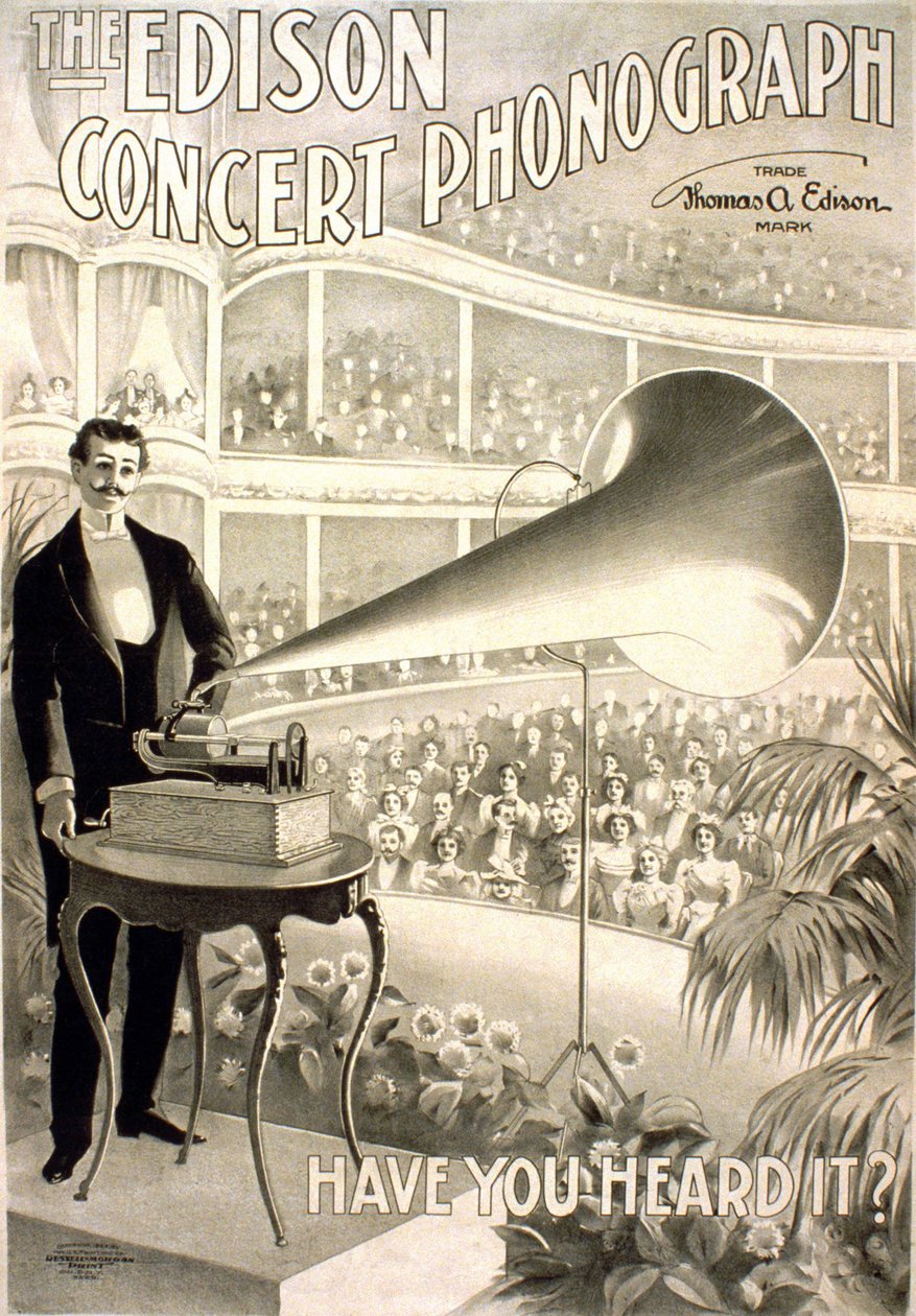 Annoncering for edison grammofonen "" Edison koncertfonografen, har du hørt den? "" - litografi 1899 af Unknown artist
