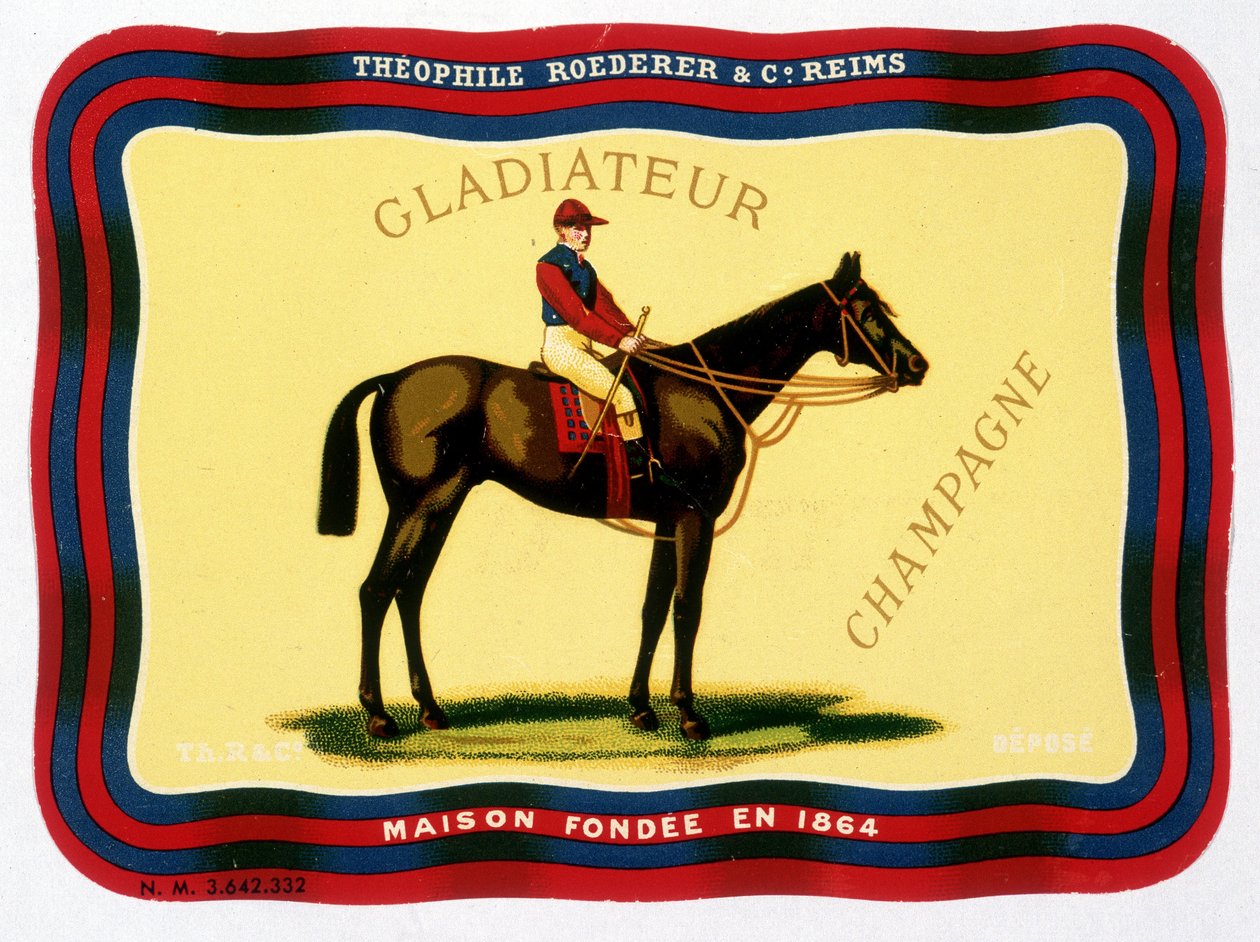Reklamemærke for "" Gladiateur Champagne - Théophile Roederer & C¡. Reims - Hus grundlagt i 1864”. Kromolitografi n.d.. af Unknown artist