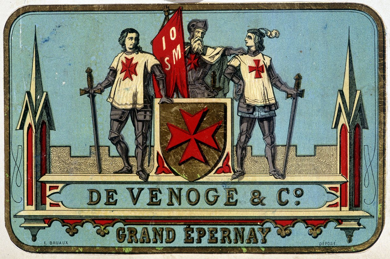 Reklamemærke for "" Venoge - Grand Epernay"" (riddere af Malta). n.d. 1800-tallet. af Unknown artist