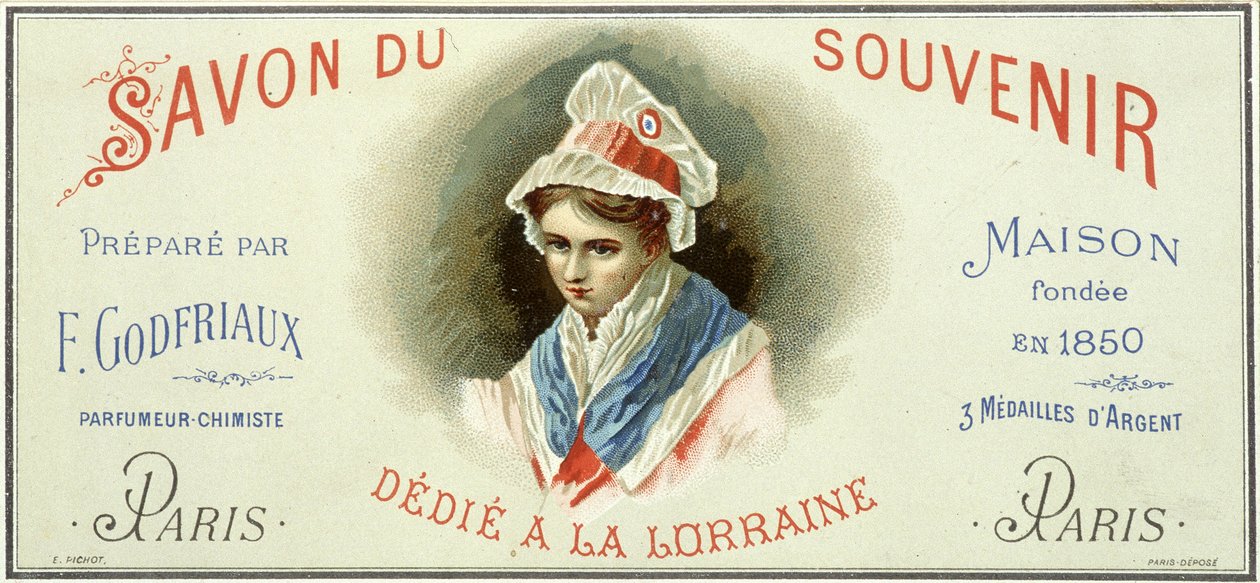 Reklamemærke for "Soap du souvenir, udarbejdet af F. Godfriaux - Maison grundlagt i 1850". Kromolitografi 1800-tallet. af Unknown artist