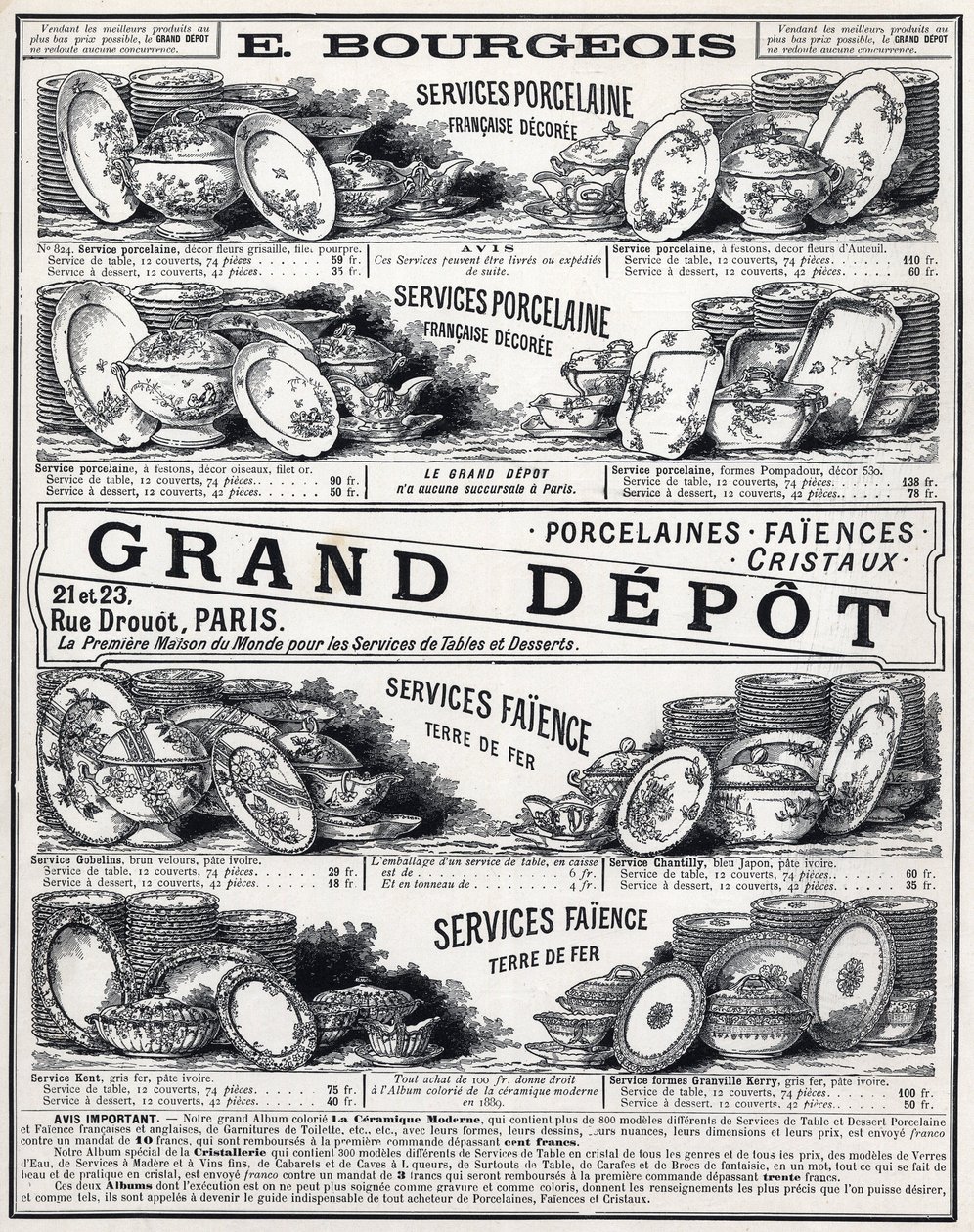 Annonce fra 1889 for "" La Ceramic Moderne af Le Grand Depot De Porcelaines, Faiences Et Verreries Bourgeois i Paris"" af Unknown artist