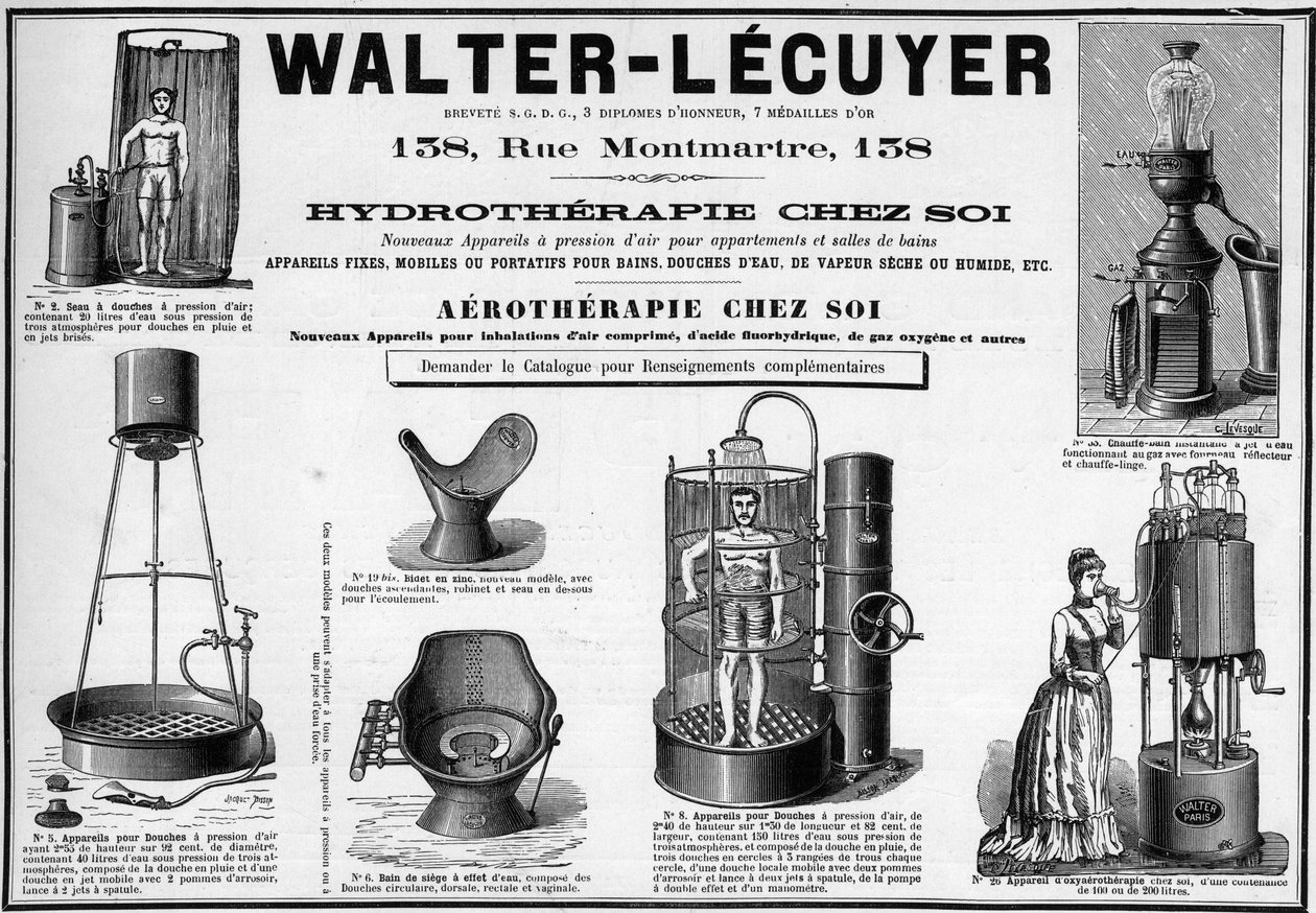 Annoncering fra 1889 for mobilarmaturer til bade, vandbrusere, tør eller våd damp, bidet, mærke Walter-Lecuyer (Walter Lecuyer). af Unknown artist