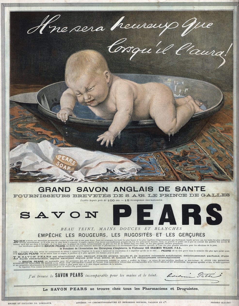 Annonce fra 1889 for den engelske sæbe "" Pears"" store engelske sundhedssæbe. En baby i sit bad laver et indfald (græder) og forsøger at fange sæben. af Unknown artist