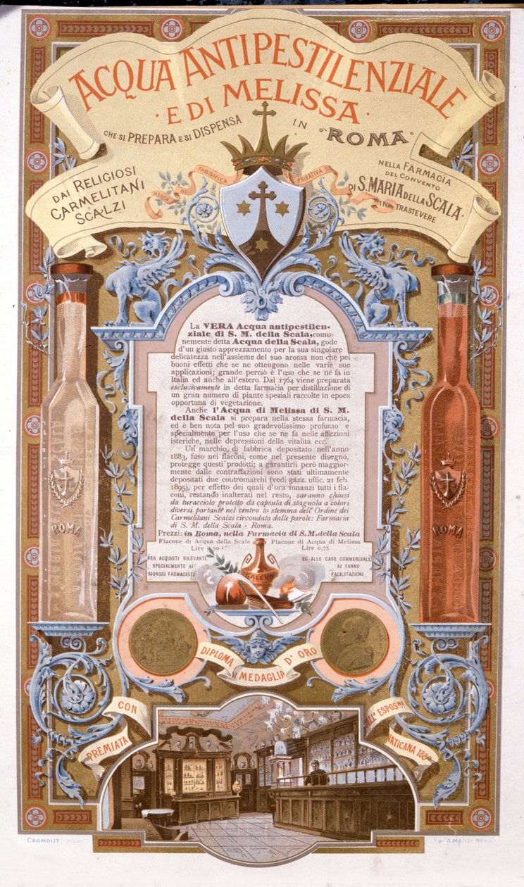 Reklame for duftende vand: vand mod citronmelissepest. kromolitografi fra 1895 af Unknown artist