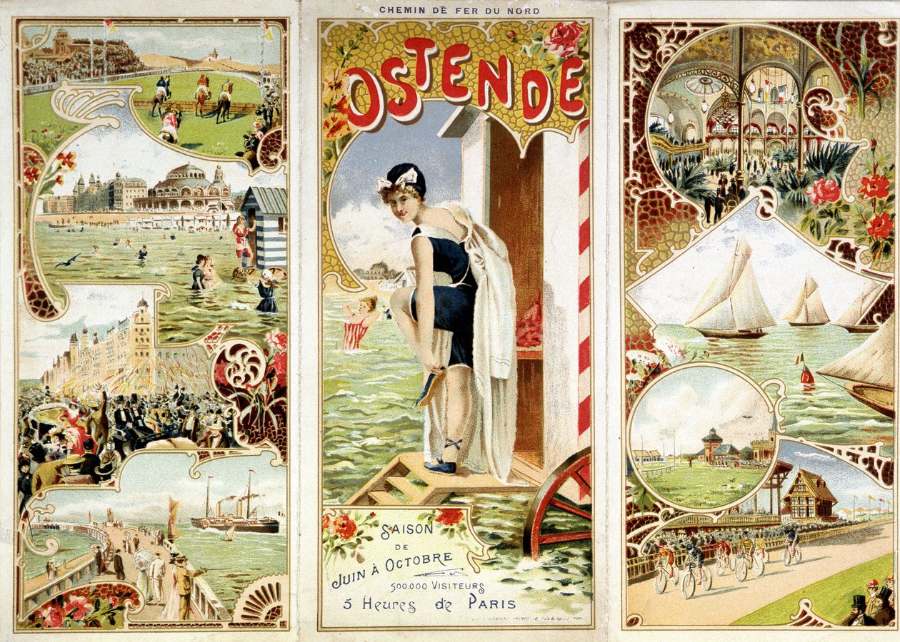 Reklame for Nordens jernbane: Oostende, 5 timers Paris, sd. slutningen af det 19. århundrede af Unknown artist