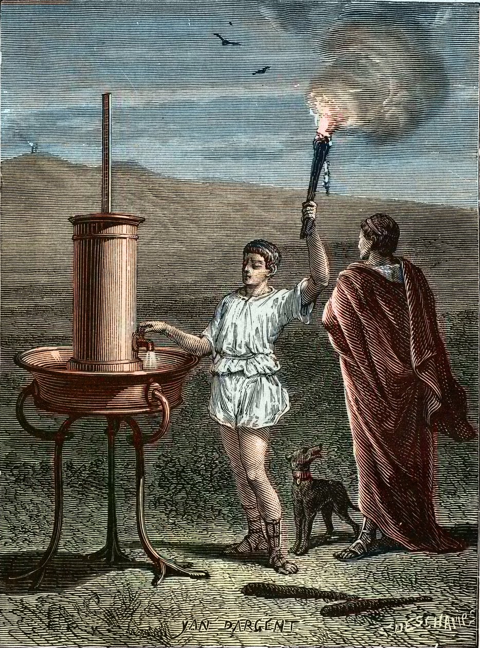 Aeneas Tacticus eller taktikeren opfinder et trinvis signalsystem 336BC - Enee the Tactician - Aeneas the Tactician opfinder kunsten med phrasal signaler i 336 BC - Aeneas the Tactician opfinder kunsten at phrasal signaler i 336 BC. af Unknown artist