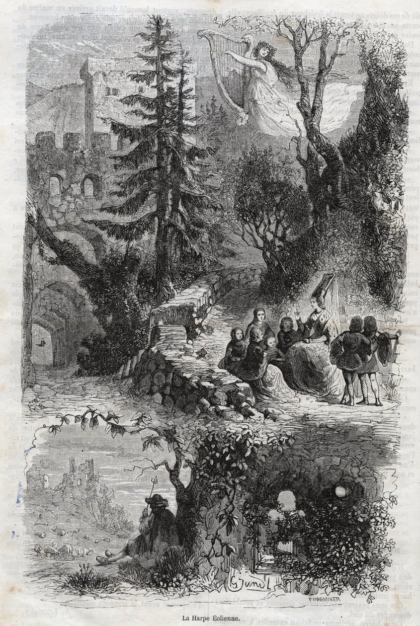 Æolisk harpe - blæseharpe - Arpa eolia - Blæseharpe - musikinstrument spillet af vinden - gravering fra 1860 af Unknown artist