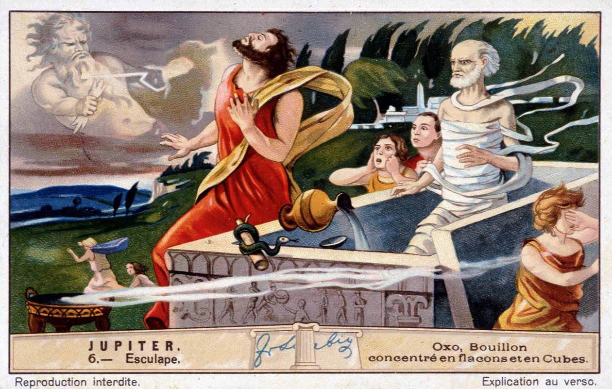 Aesculapus dør, sprængt af Jupiter for at genoplive de døde - Oxo-kromolitografi, produceret Liebig af Unknown artist