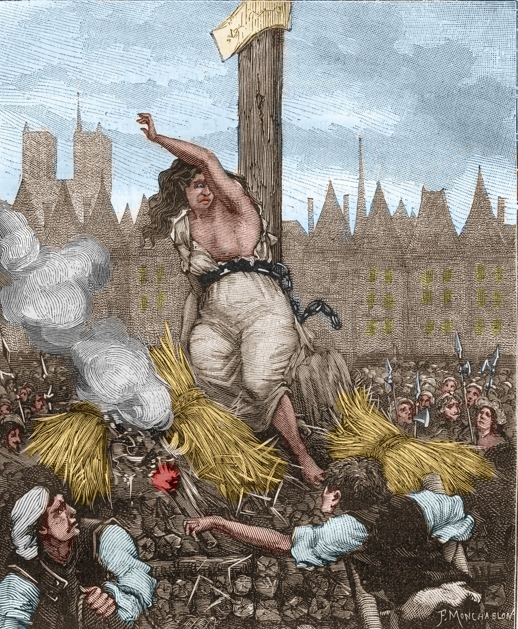 Affaire des Poisons: Catherine Deshayes, hustru Monvoisin og tilnavnet La Voisin (1640-1680) blev sat på slagteren, siddende og bundet med jern; hun svor og frastødte halmen - i "Paris a travers les siecles"" af Kenouillac af Unknown artist