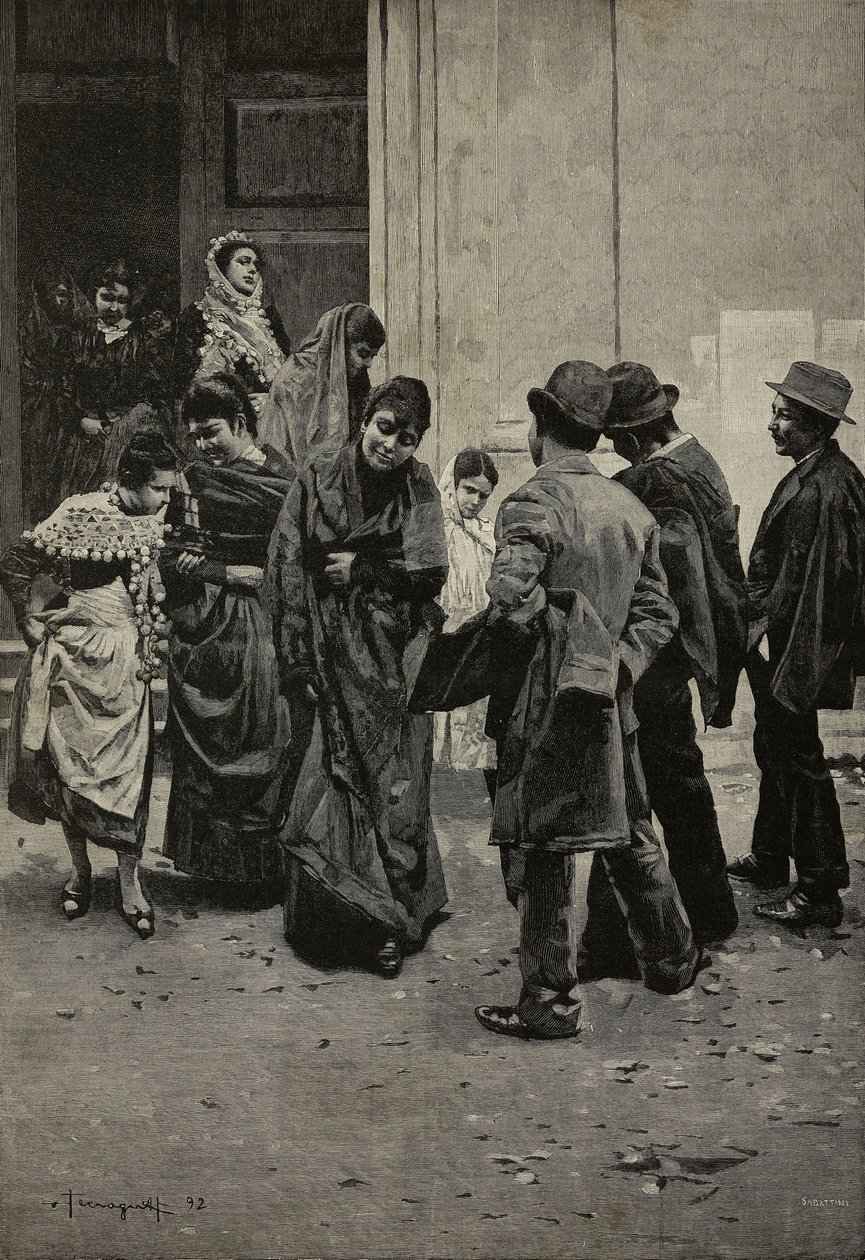 Efter messen, maleri af Arnaldo Ferraguti (1862-1925), kobberstik af Sabbatini fra L
