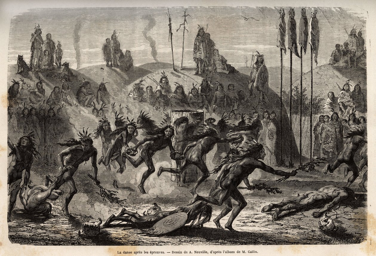 Efter ceremonien med selvovergivelse til Den Store Ånd omfavner de unge krigere en hektisk og udstrømningsdans, de svageste slæber på jorden, blandt Mandans-indianerne (eller noumah ka kie: fasaner), på Missouris venstre bred. Indgravering til illu af Unknown artist