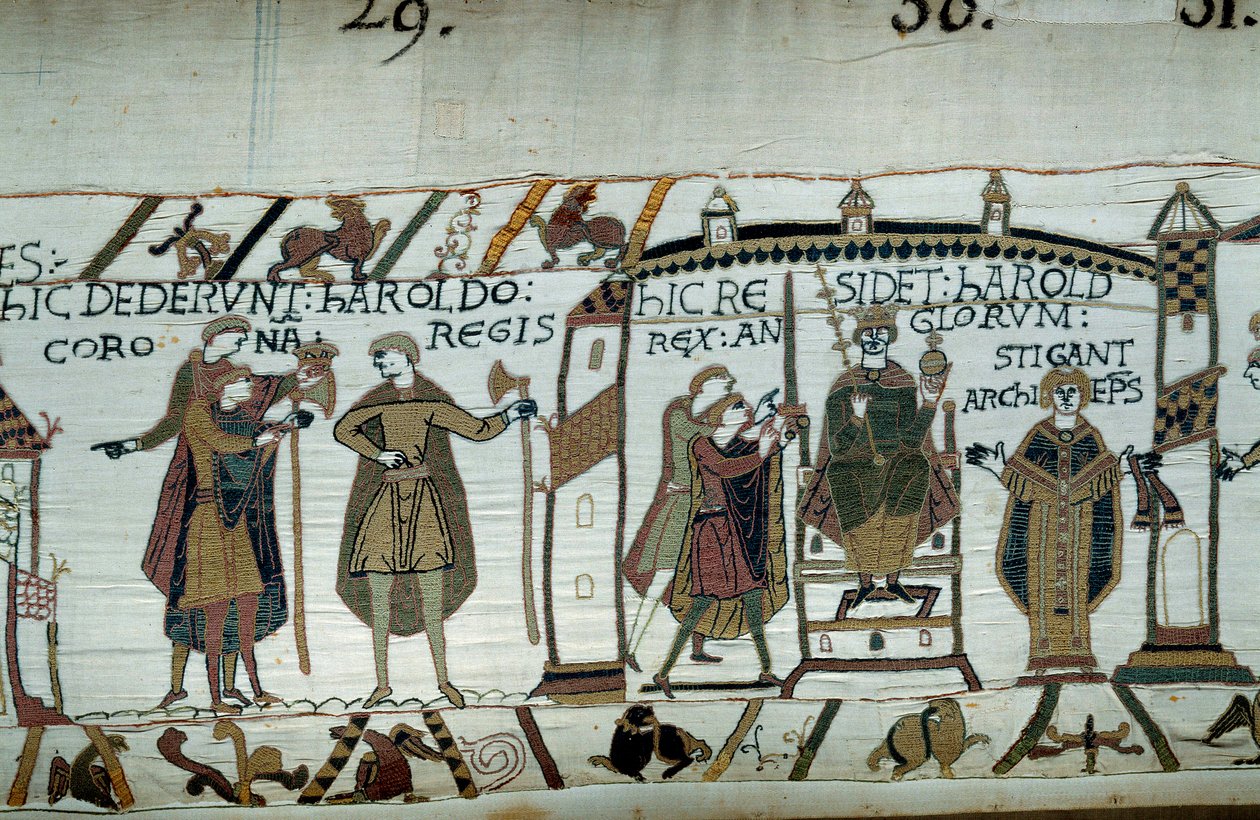 Efter Edward Confesors død blev Harold kronkonge under navnet Harold II i 1066 Detalje af Bayeux-tapetet eller broderi af Dronning Mathilde af Unknown artist