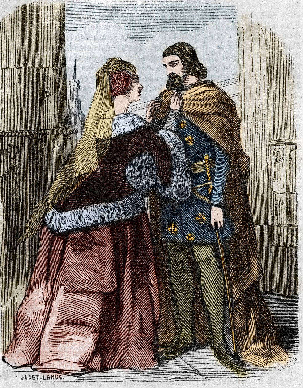Agnes Sorel (1422-1450) (Dame af Beaute sur Marne) (Beaute-sur-Marne) og konge af Frankrig Charles VII i klosteret Jumieges. Indgravering af det 19. århundrede. af Unknown artist