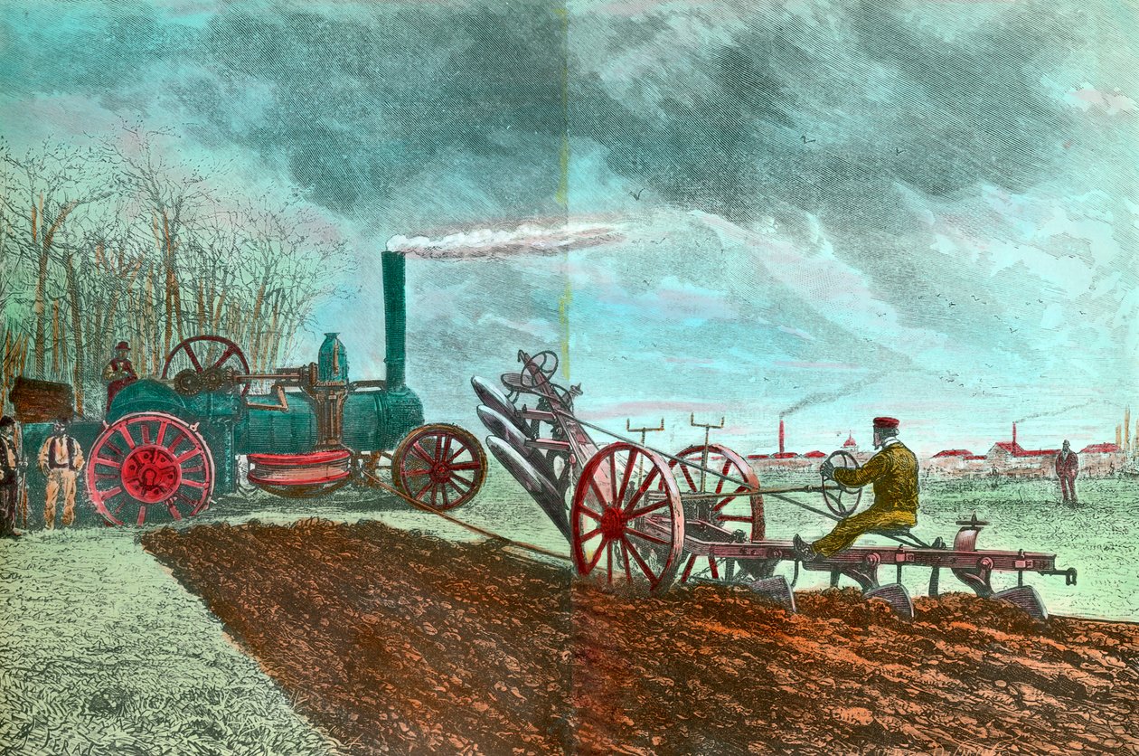 Landbrugsarbejde og fremskridt: damppløjning. Gravering af det 19. århundredes privatsamling af Unknown artist