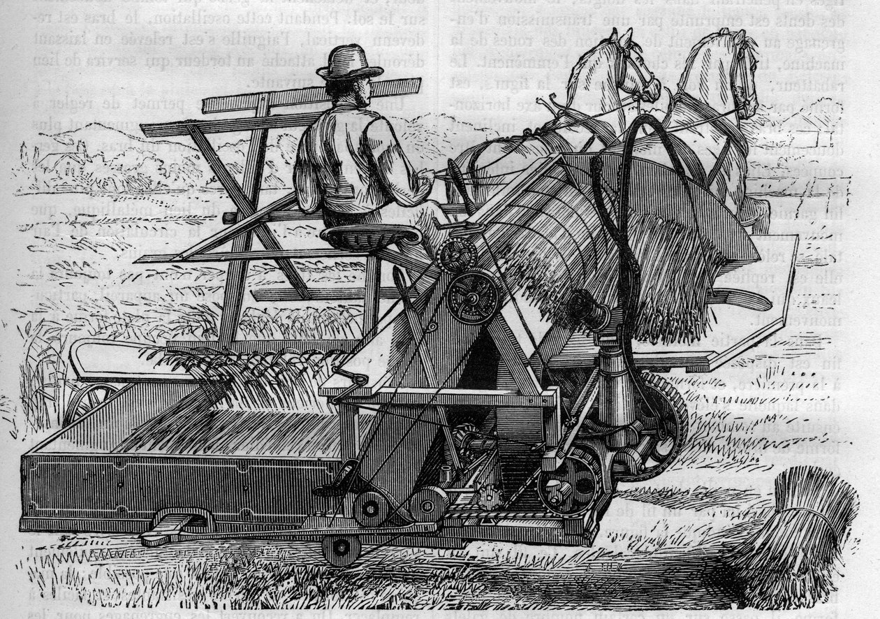 Landbrug og landbrugsmaskiner: en ny mejetærsker trukket af heste, der automatisk binder bunkerne af bles på markerne. Indgravering i ""La Nature"" af Unknown artist