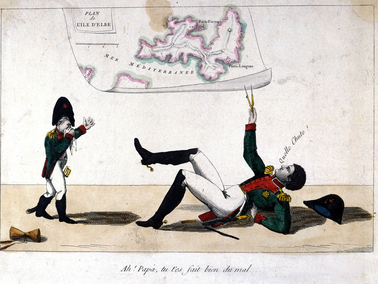 Åh, far, du sårede dig selv. Tegnefilm om Napoleon Bonapartes eksil på øen Elba. af Unknown artist