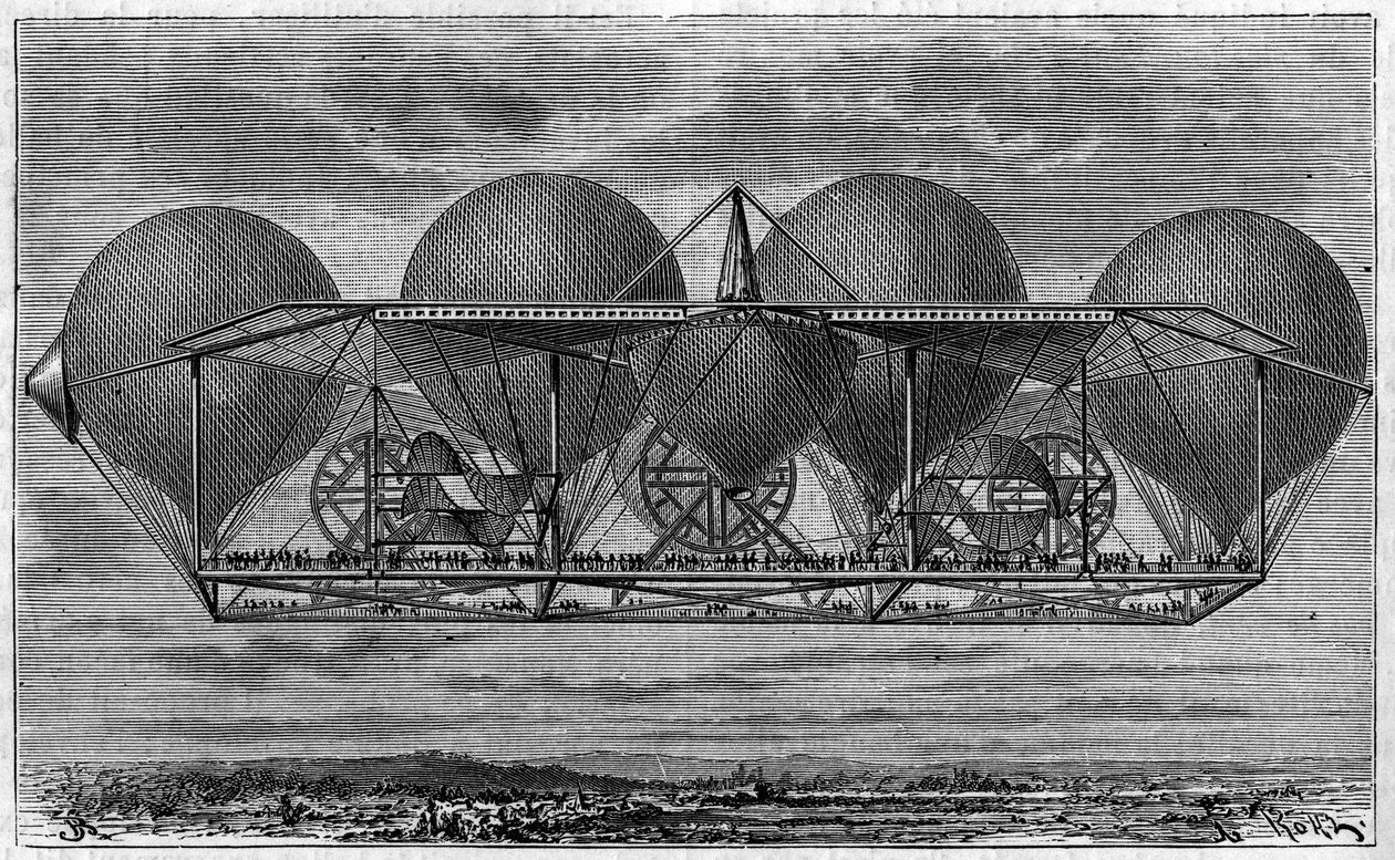 Luftskibsprojekt af opfinderen Ernest Petin 1812-1878). Indgravering i "The Journal of Youth"" af Unknown artist
