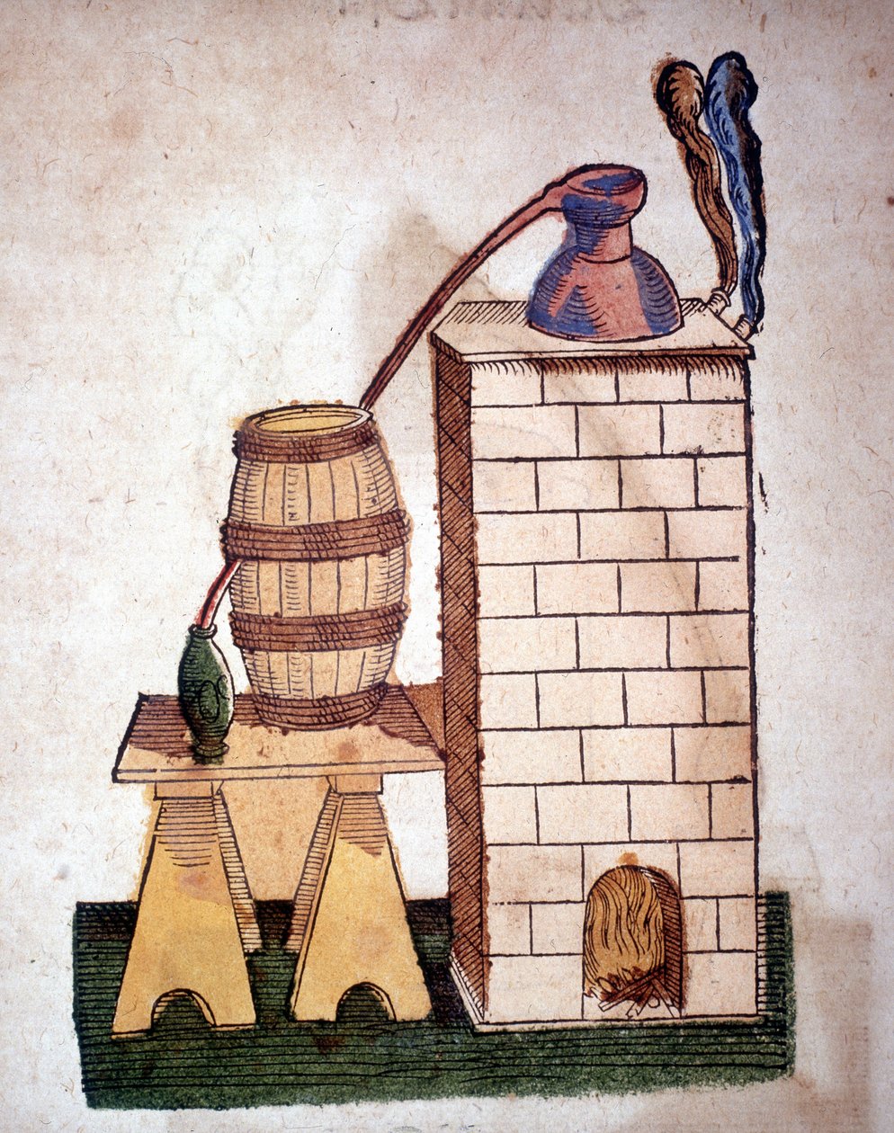 Alkymi: apparat til destillation. Gravering fra en bog af Pietro Andrea Mattioli (Matthiole) (1500-1577). Frankfurt af Unknown artist