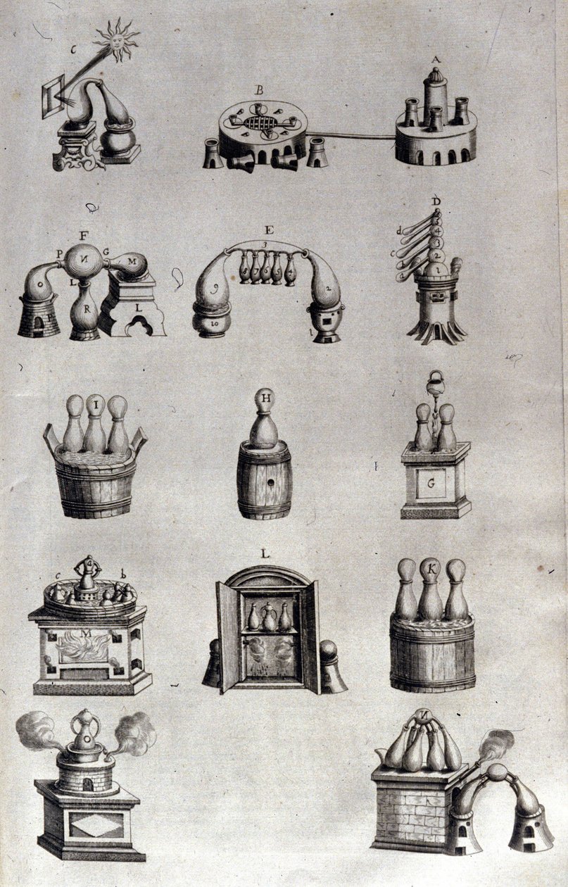 Alkymi: tavle, der repræsenterer forskellige modeller af destillationsapparater og destillationsapparater. Athanase Kircher (eller Athanasius Kircheri 1602-1680), tysk jesuite. 1600-tals stik. af Unknown artist