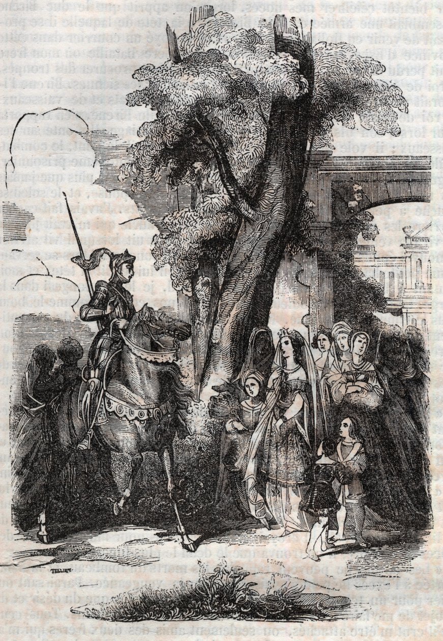 Alcina og hendes hof kommer for at hilse på Ruggiero - gravering af 1851 fra digtet Orlando furioso (1516) af Ludovico Ariosto, - Udgave oversat fra italiensk af greven af Tressan og udgivet af Gustave Harvard 1851 af Unknown artist