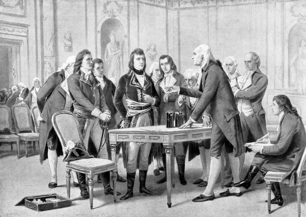 Alessandro (Alexandre) Volta forklarer Napoleon Bonaparte princippet om sit elektriske batteri - i "The Universe and Humanity" af Kraemer af Unknown artist