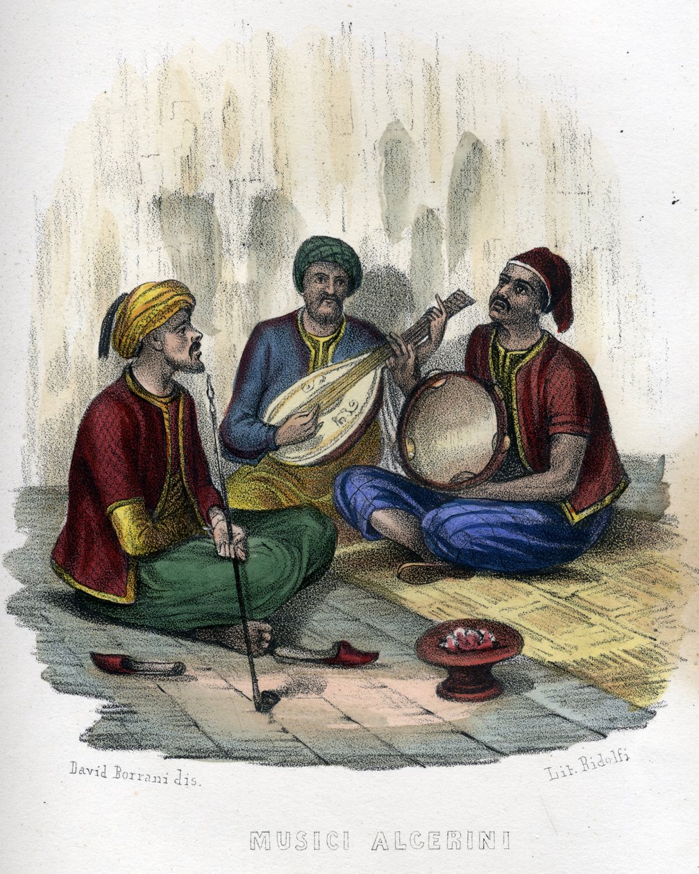 algeriske musikere. i "Ancient and Modern Algeria"" af Léon Galibert. Italiensk udgave i 1846 farve. af Unknown artist