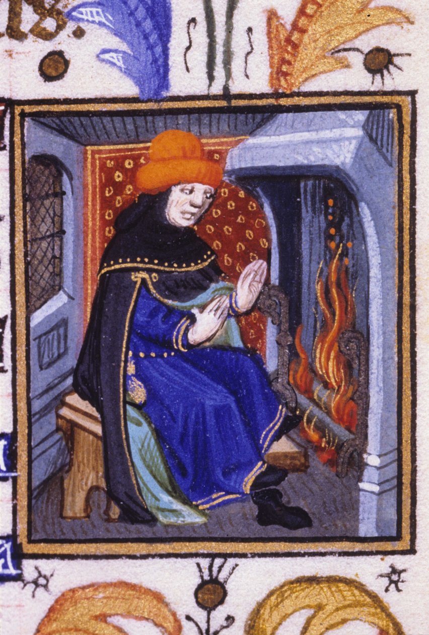 Allegorisk fremstilling af februar. En mand bliver varm foran sin pejs. Miniature af et manuskript fra det 14. århundrede. af Unknown artist