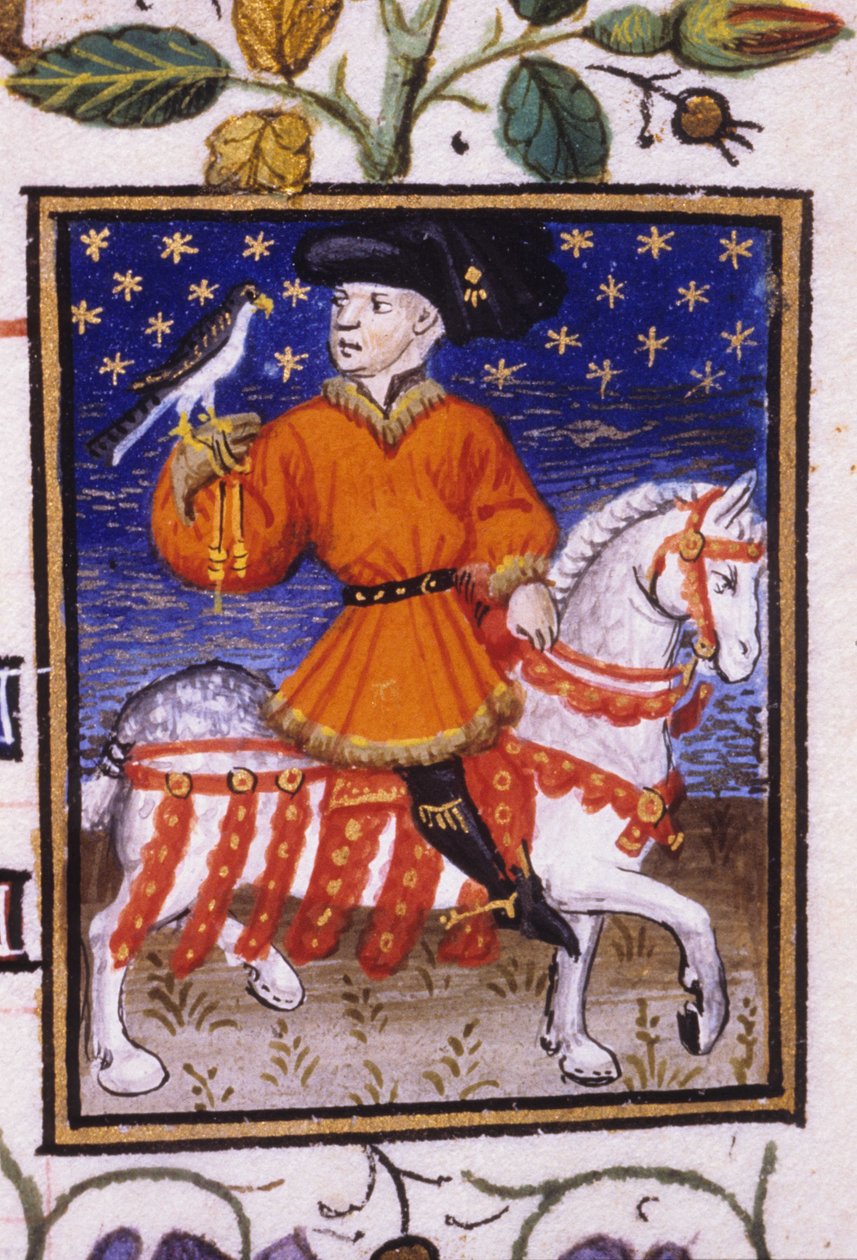 Allegorisk fremstilling af maj. En ung herre med brays, der klemmer på knæet ved et strømpebånd, der holder en falk. Miniature af et manuskript fra 1300-tallet; af Unknown artist