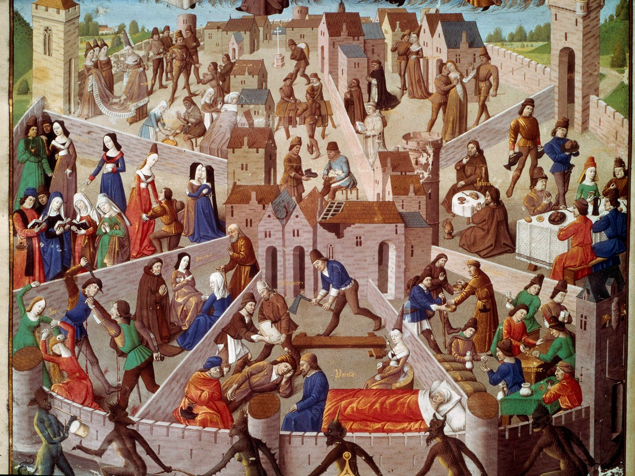 Allegorisk fremstilling af jordens by, menneskelig synd, stolthed, vrede, begær, misundelse, dovenskab, udskejelser og deres modsatrettede dyder, piete, nuance, ædru... Miniature fra manuskript frk. 8346, fr. 18, fol. 3 af Unknown artist