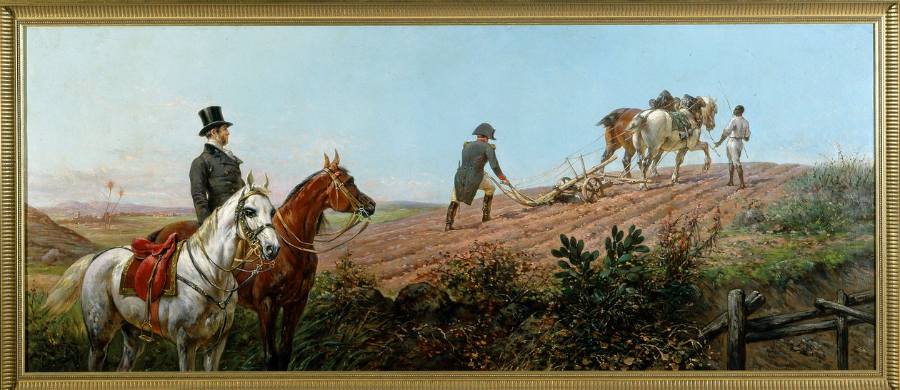 Allegori, der forestiller Napoleon, der pløjer under opsyn af sin sorte tjener i St. Helena, olie på lærred af Olivier Pichat (1825 - 1912) af Unknown artist