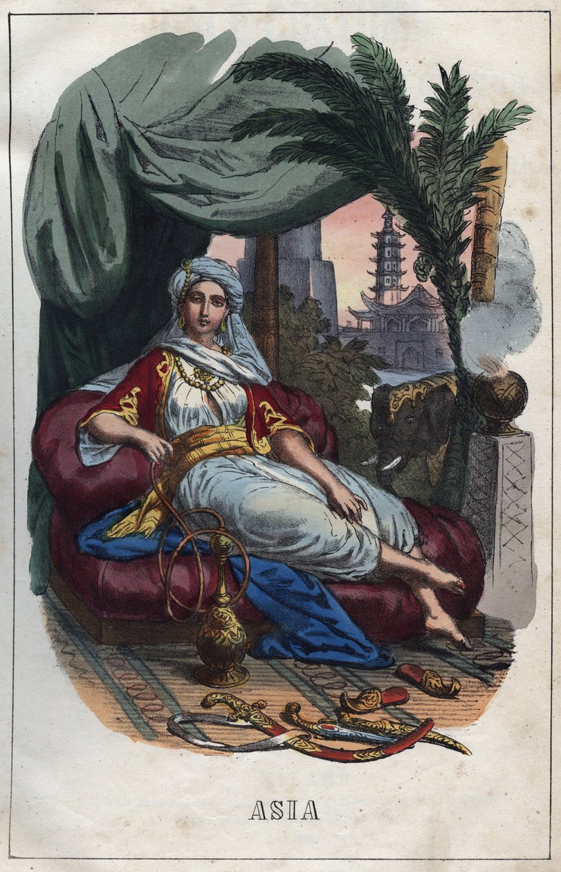 Allegori af Asien - indgravering fra "" Skikke og skikke for alle folk i universet. Det vil sige historien om regeringen, lovene, militsen, om alle nationers religion fra de fjerneste tider til i dag "1856 af Unknown artist