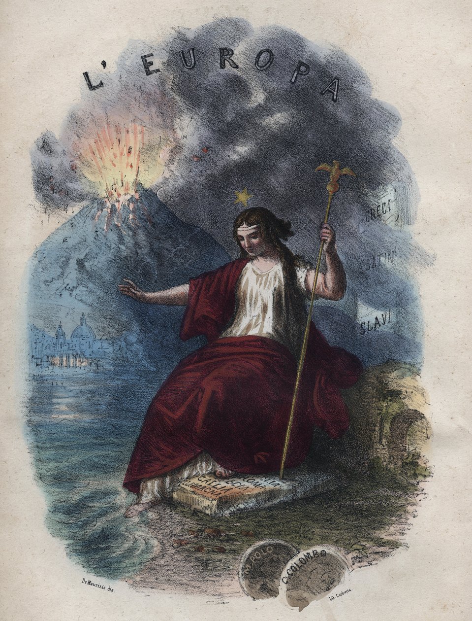Allegori af Europa - gravering fra "" Skikke og skikke for alle folk i universet. Det vil sige historien om regeringen, lovene, militsen, om alle nationers religion fra de fjerneste tider til i dag "1856 af Unknown artist