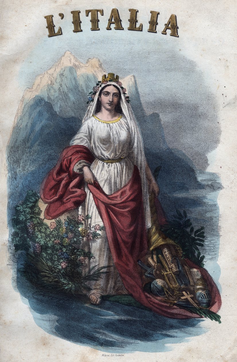 Allegori af Italien - gravering fra "" Skikke og skikke for alle folk i universet. Det vil sige historien om regeringen, lovene, militsen, om alle nationers religion fra de fjerneste tider til i dag "1856 af Unknown artist