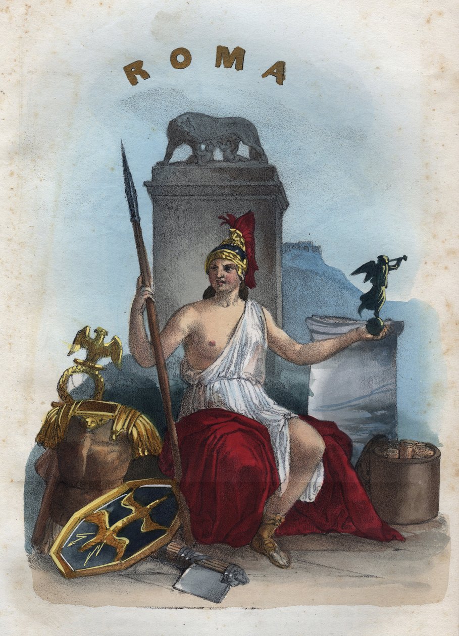 Allegori af Rom - gravering fra "" Skikke og traditioner for alle folk i universet. Det vil sige historien om regeringen, lovene, militsen, om alle nationers religion fra de fjerneste tider til i dag "1856 af Unknown artist