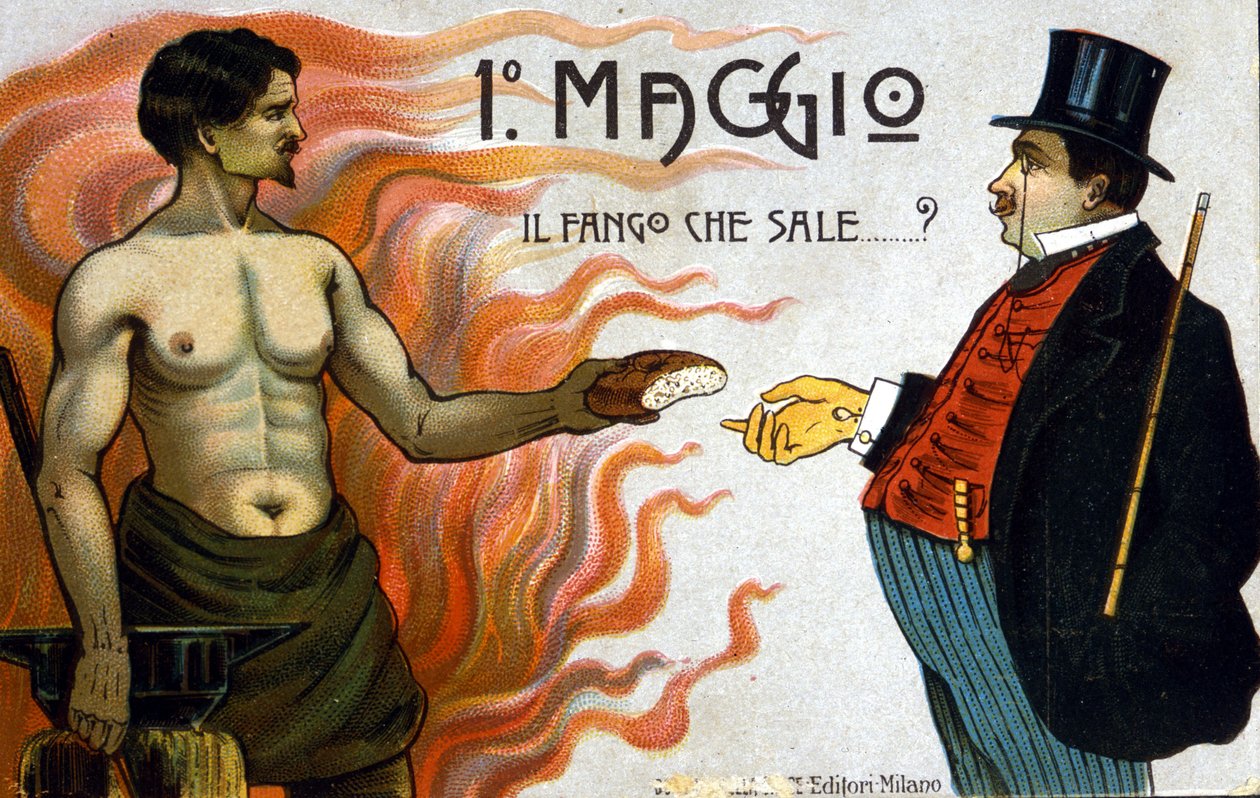 Allegori om klassekampe: 1. maj: mudder rejser sig, en arbejder tilbyder brød til en borgerlig. 1898 af Unknown artist