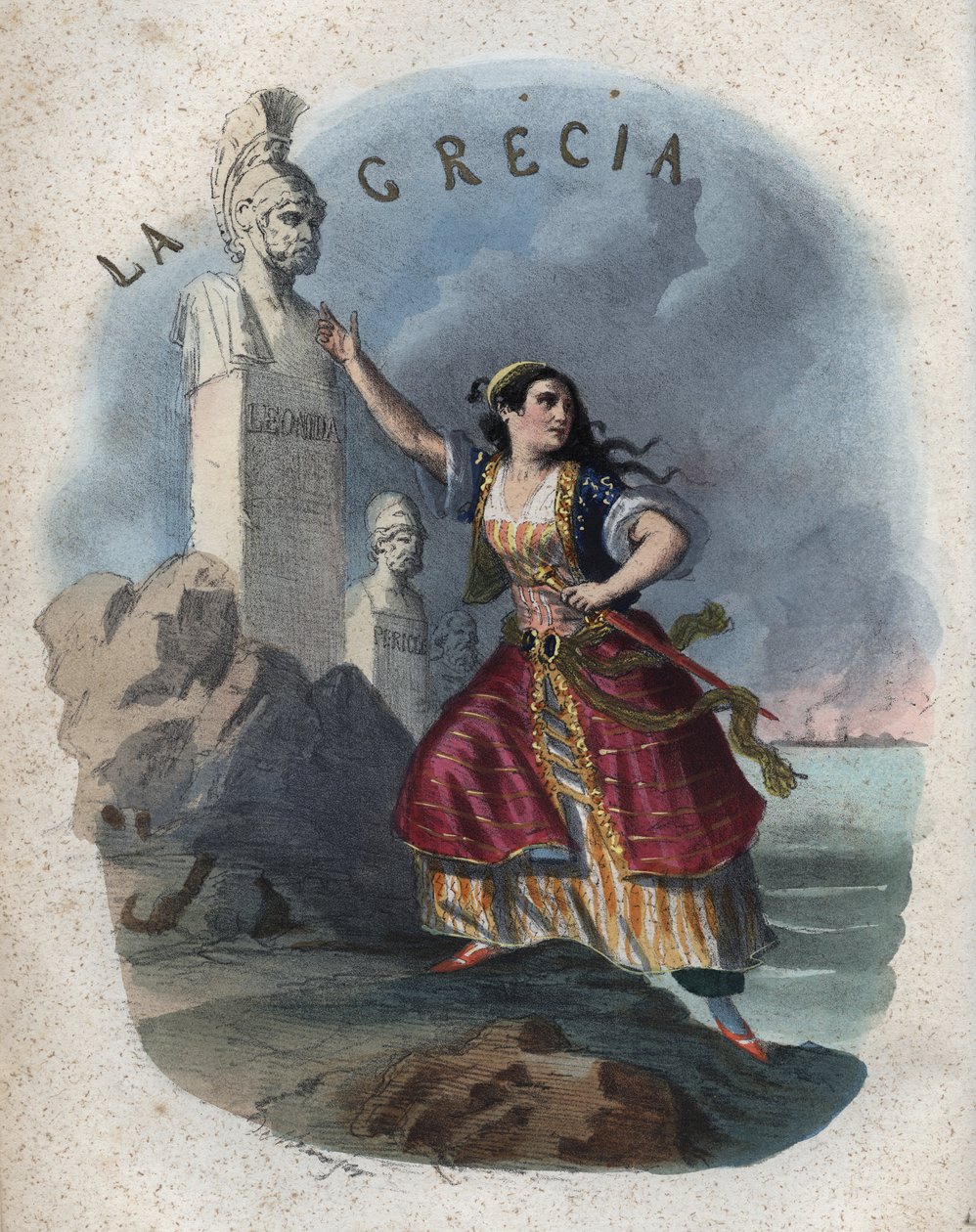 Allegori af Grækenland - gravering fra "" Skikke og traditioner for alle folk i universet. Det vil sige historien om regeringen, lovene, militsen, om alle nationers religion fra de fjerneste tider til i dag "1856 af Unknown artist