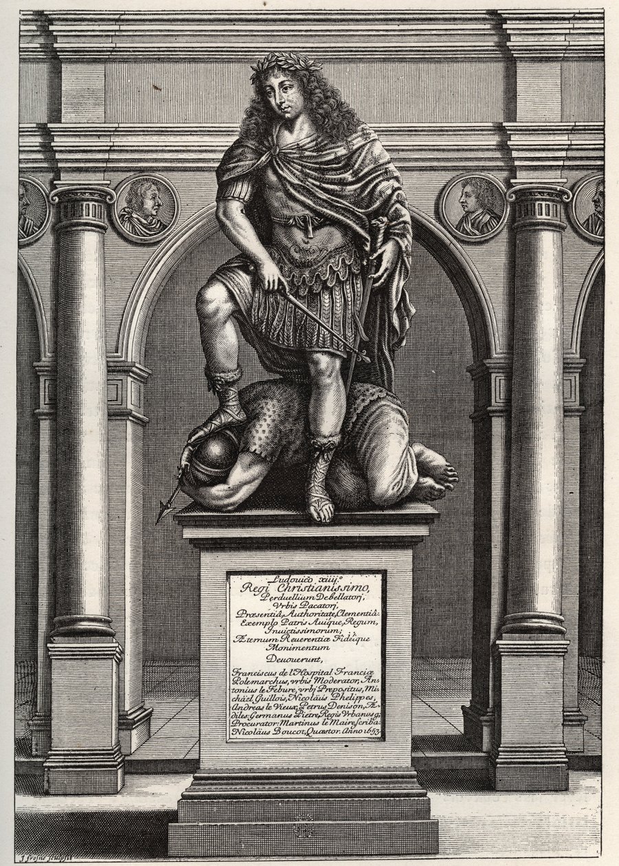 Allegori, der repræsenterer kong Ludvig XIV (1638-1715), der knuser sine fjender. Stik af J. Frosne fra 1653. Privat samling. af Unknown artist