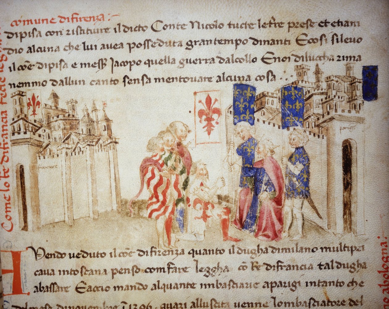 Alliance mellem kongen af Frankrig, Charles VI, med kommunen Firenze i 1396 - i "" Croniche del Sercambi"", omkring 1400. Nationalarkiv, Lucca. af Unknown artist