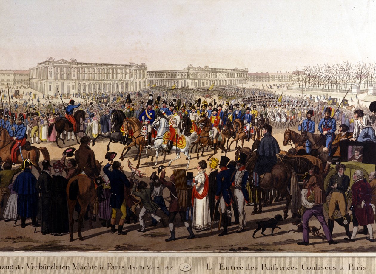 Allierede gik ind i Paris den 31. marts 1814 (Rusland Alexander I, den østrigske kejser Frans Joseph I og den preussiske kong Frederik Vilhelm III.) 19. århundredes gravering af Unknown artist