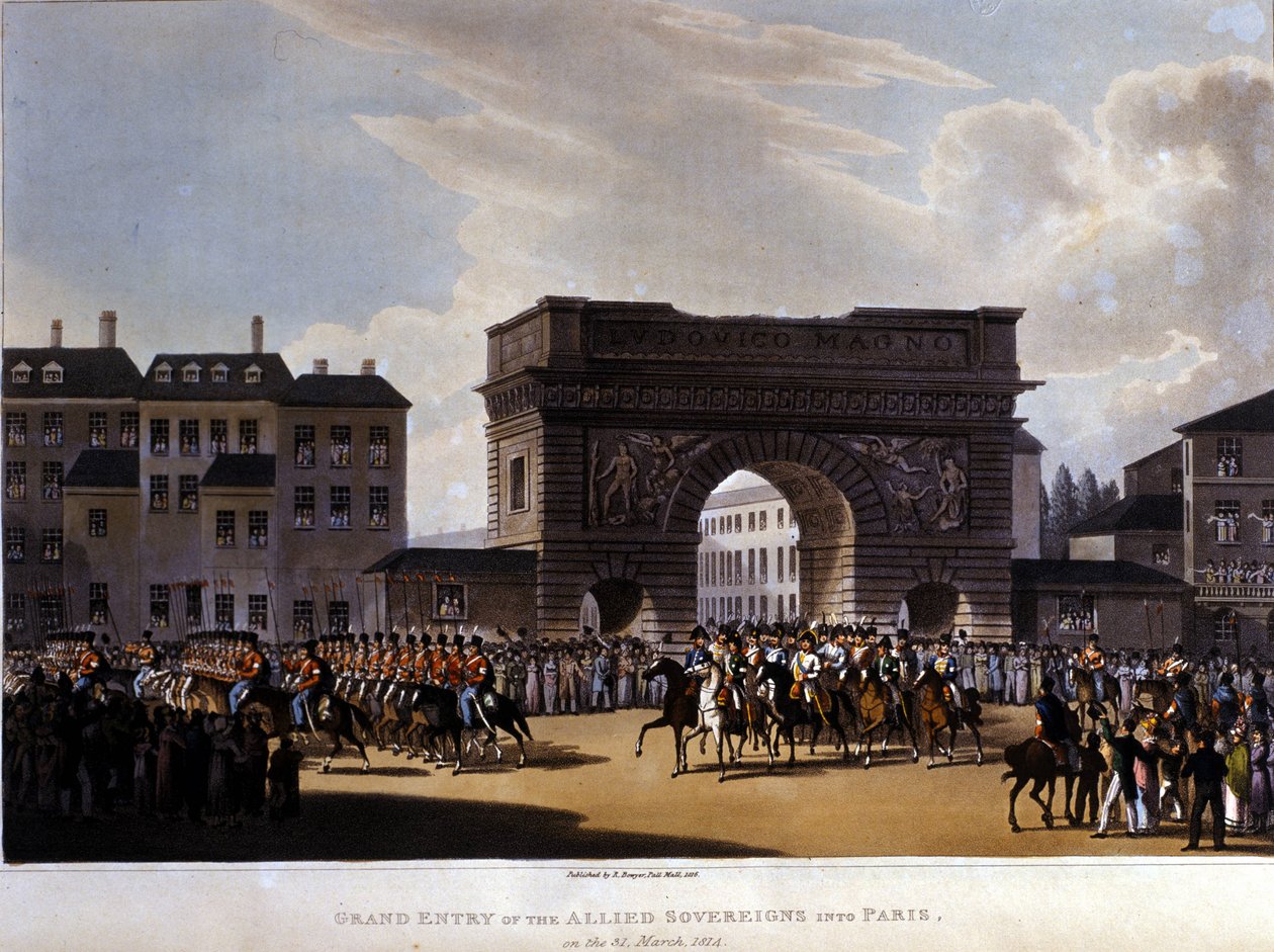 Allierede gik ind i Paris den 31. marts 1814 (Rusland Alexander I, den østrigske kejser Francois I og den preussiske kong Frederik William III.) gravering af 1826 af Unknown artist