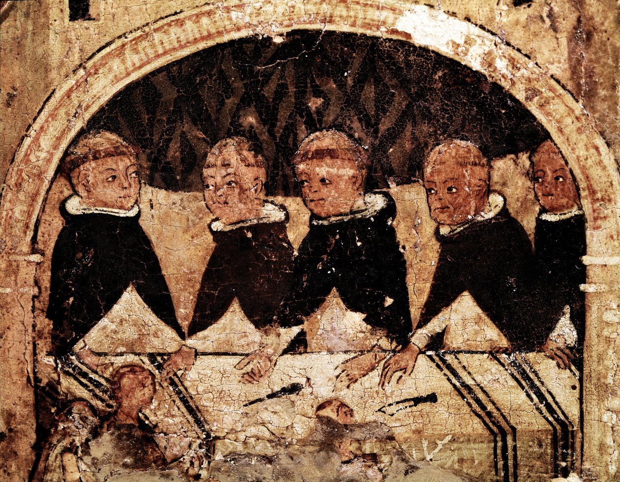 Altertavle af den hellige Dominica af Guzmans (1170-1221), grundlæggeren af den dominikanske ordens liv: gruppe af dominikanske munke til stede. Maleri på træ fra 1200-tallet. Napoli, Museo Nazionale di Capodimonte af Unknown artist