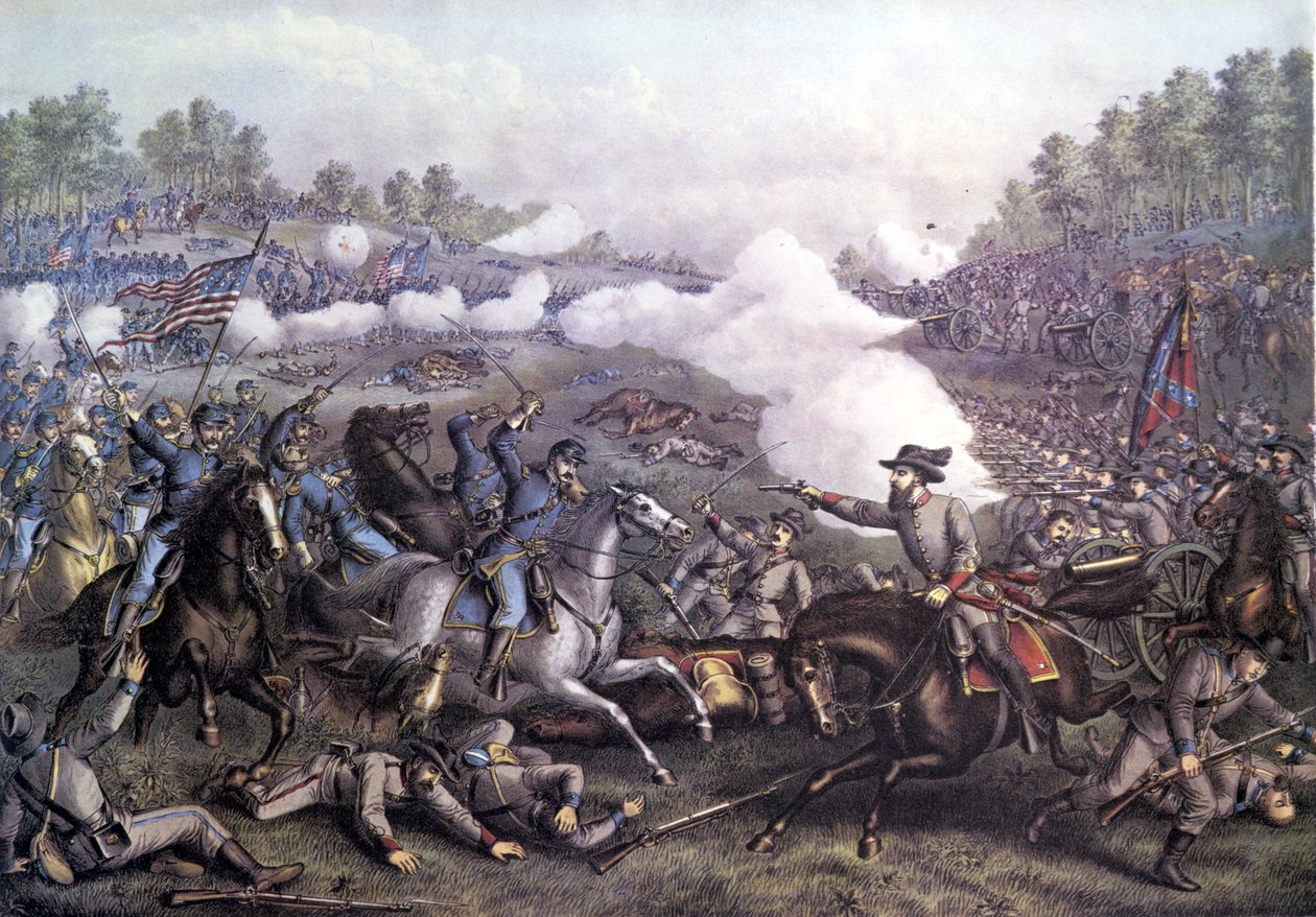 Amerikansk borgerkrig (1861 - 1865): Slaget ved Opequon eller Tredje Slaget ved Winchester, Virginia 19. september 1864. Indgravering af det 19. århundrede. af Unknown artist
