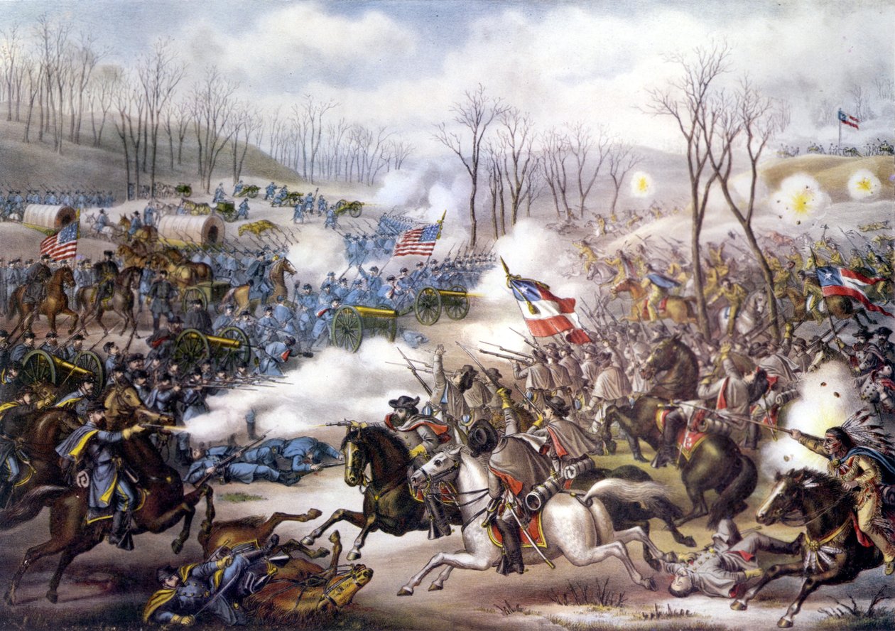 Amerikansk borgerkrig (1861 - 1865): Slaget ved Pea Ridge eller Elkhorn Tavern (Arkansas) 6. - 8. marts 1862. Indgravering af det 19. århundrede. af Unknown artist