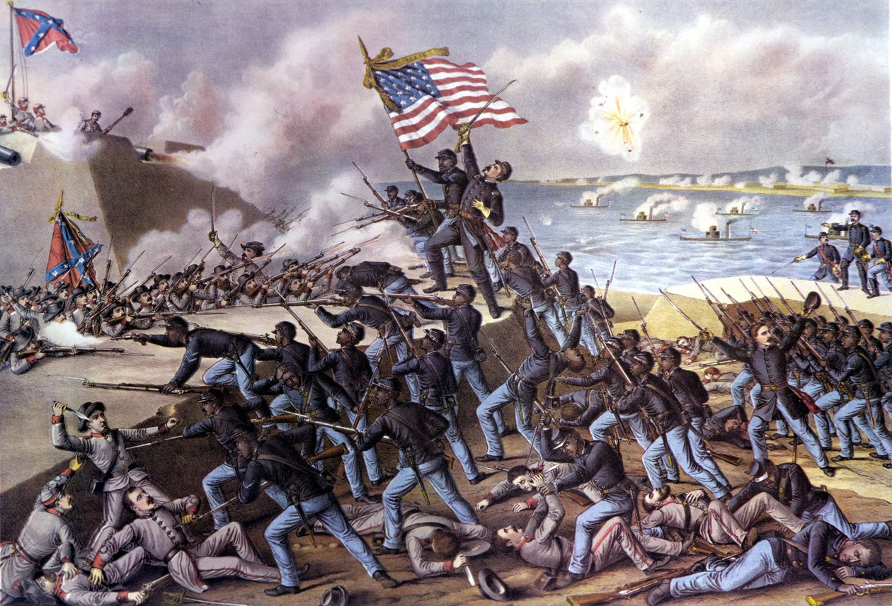 Amerikansk borgerkrig (1861 - 1865): angreb på Fort Wagner på Jekyll Island ud for Georgia af 2000 sorte frivillige i juli 1863. Indgravering af det 19. århundrede. af Unknown artist