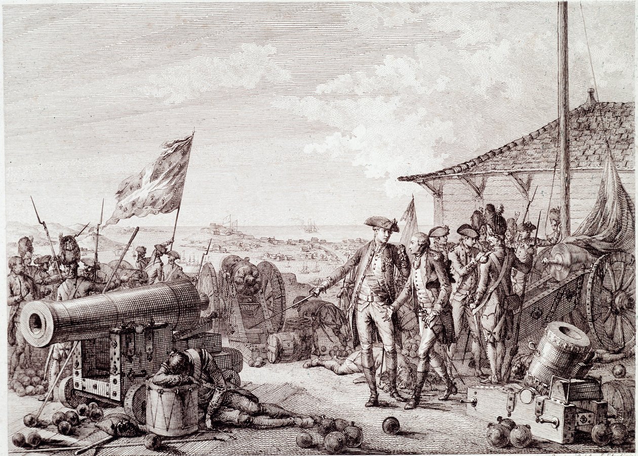Amerikansk uafhængighedskrig: Slaget ved Grenada den 6. juli 1779 mellem den britiske kongelige flåde og den franske flåde (gravering af Unknown artist