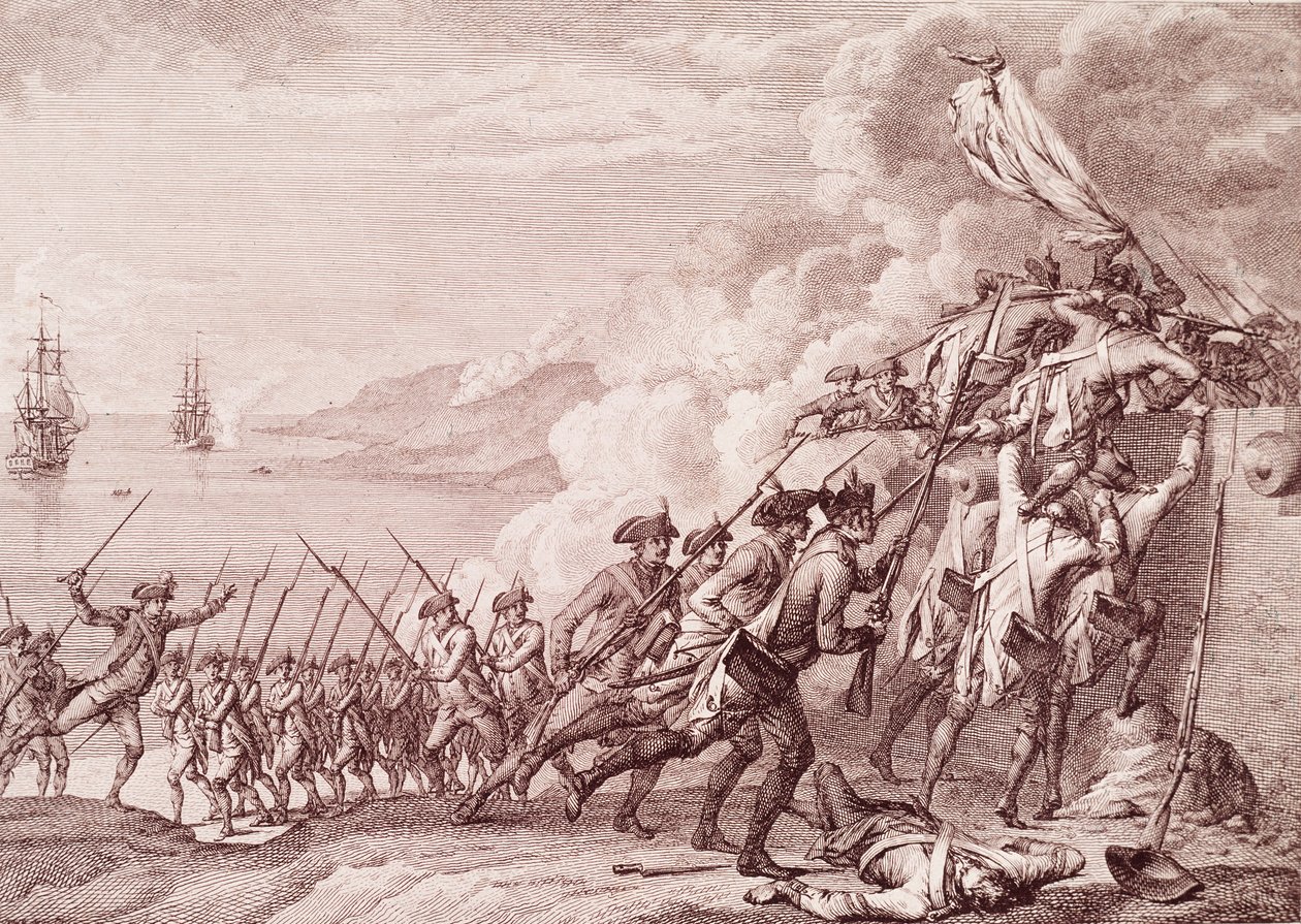 Amerikansk uafhængighedskrig: Den franske hærs invasion af Dominica den 7. september 1778 (gravering af Unknown artist
