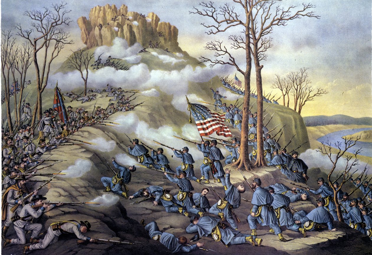 Amerikansk løsrivelseskrig eller borgerkrig (1861 - 1865): 23/11/1863, slaget ved Lookout Mountain i Tennessee, et angreb kendt i dag som slaget over skyerne på grund af tågen, der gjorde det muligt for føderale tropper at rykke frem hurtigere. Indgraverin af Unknown artist